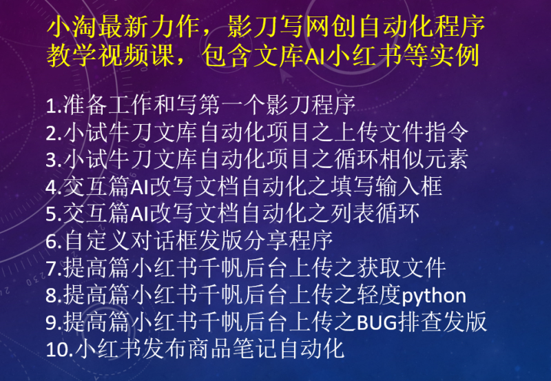 小淘最新力作,影刀写网创自动化程序教学视频课,包含文库AI小红书等实例-小淘项目组